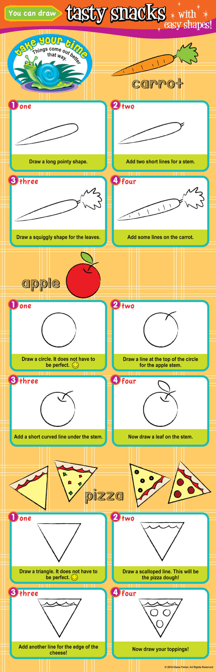 easy steps to draw carrot apple pizza for kids