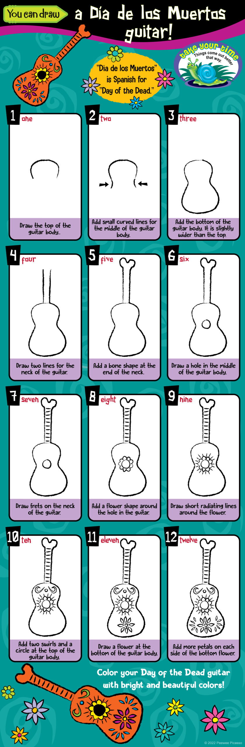 steps to draw a day of the dead guitar